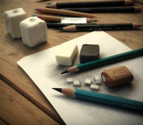 Photo of various drawing tools: pencils, erasers, sketchpad