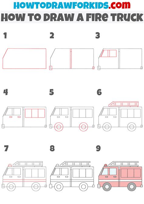 Simplified step-by-step drawing guide for a fire truck