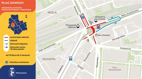 Mapa organizacji ruchu na Placu Zawiszy z zaznaczeniem zmian dla kierowców