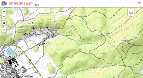 Mapa topograficzna z zaznaczonymi punktami alarmowymi i trasami dojazdu, z warstwami informacyjnymi o hydrantach i lasach.