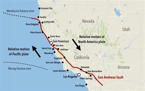 Mapa geologiczna przedstawiająca uskok San Andreas i jego położenie względem San Francisco