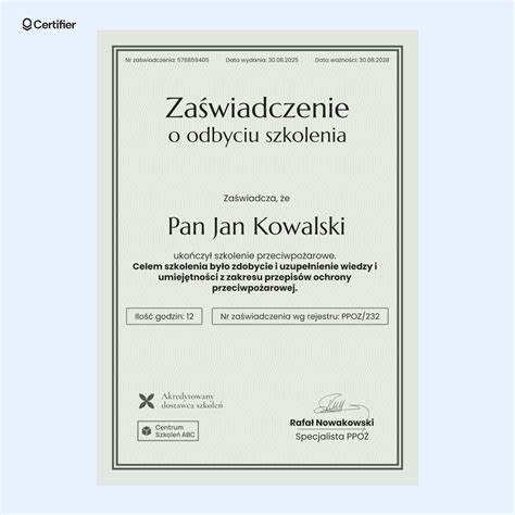 Przykładowy wzór zaświadczenia o czynnej służbie w OSP