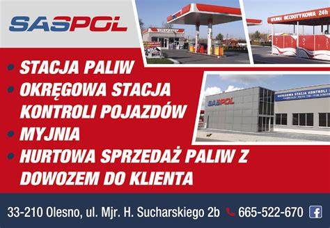 Zilustrowanie różnorodnej działalności firmy Saspol (stacja paliw, warsztat, hotel, sklep strażacki)