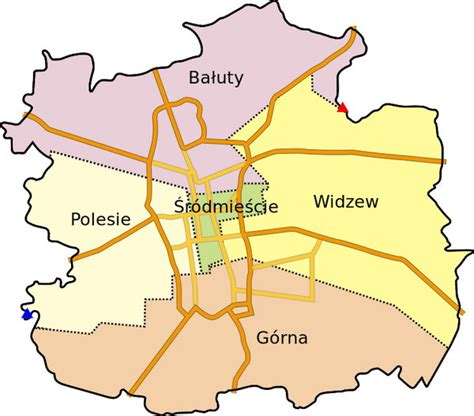 Mapa administracyjna Łodzi z wyróżnioną dzielnicą Łódź-Górna