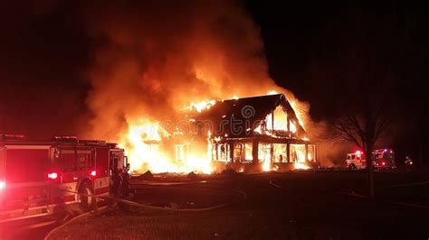 Thematic photo of a house fire at night with firefighters present