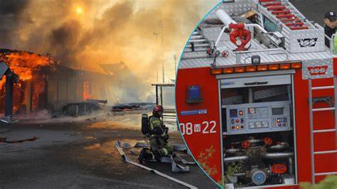 Zdjęcie przedstawiające płonącą restaurację w Egiertowie, widoczne kłęby dymu i strażaków w akcji