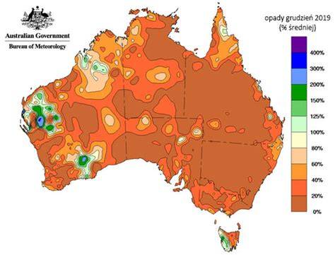 Mapa opadów (procentowo) w Australii, grudzień 2019, w stosunku do lat 1961-1990