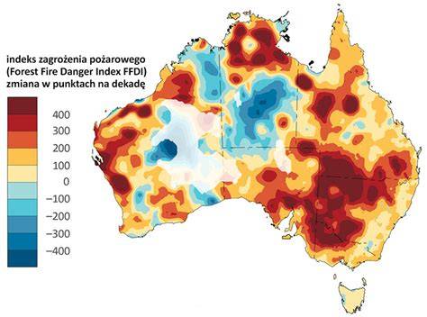 Mapa trendów rocznej sumy wartości dziennych indeksu FFDI w Australii od 1978 do 2019 roku. Trend dodatni wskazuje na wydłużanie sezonu pożarowego