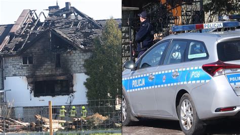 Zdjęcie zniszczonego budynku hotelu pracowniczego po pożarze w Pszowie oraz wóz strażacki na miejscu zdarzenia