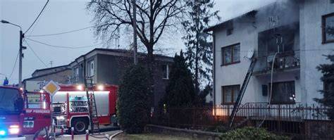 Widok na płonącą kotłownię w budynku mieszkalnym