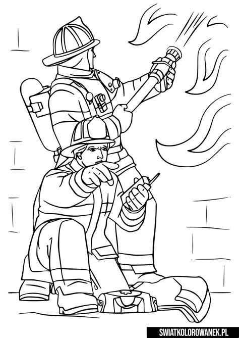 Ilustracja z postaciami ze Strażaka Sama, zachęcająca do kolorowania.