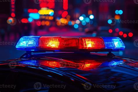 Police car at night, with flashing lights