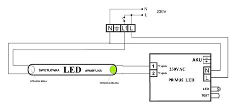schemat podłączenia oświetlenia awaryjnego LED 12V z akumulatorem