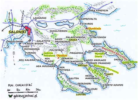 Mapa Półwyspu Chalkidiki z zaznaczonymi trzema 