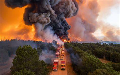 Thematic photo of a forest fire with smoke and emergency vehicles