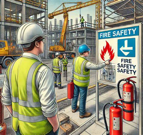 Thematic photo of a construction site with fire safety equipment visible (extinguishers, hydrants)