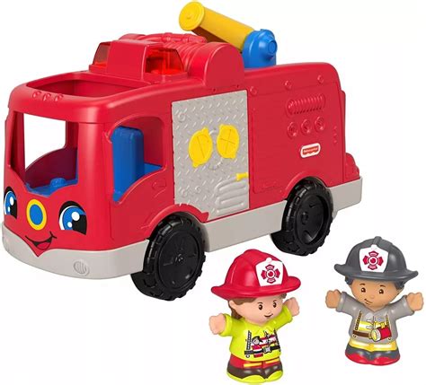 Wóz strażacki Fisher-Price Little People w akcji z figurkami strażaków, pokazujący interaktywne elementy