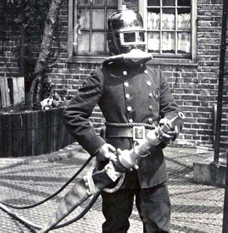 Historical drawing or photo of early breathing apparatus for firefighters
