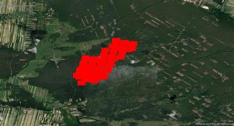 mapa Puszczy Solskiej z zaznaczonym obszarem pożaru
