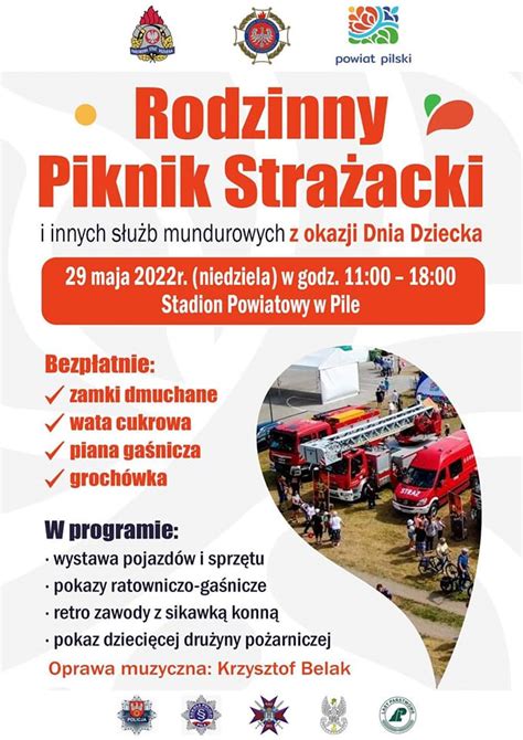 Rodzinny piknik strażacki z atrakcjami dla dzieci i dorosłych, stoiska gastronomiczne, sprzęt strażacki