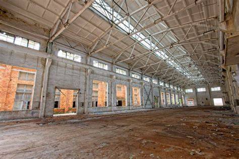 Photo of a burned-out workshop or industrial building
