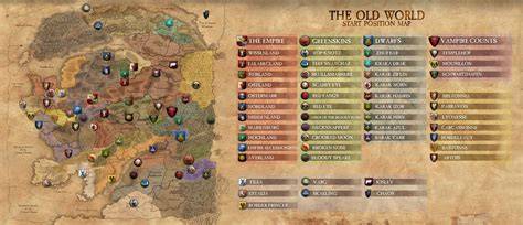 Mapa strategiczna z gry Total War: Warhammer z zaznaczonymi kluczowymi lokacjami i frakcjami