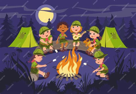 ilustracja przedstawiająca grupę osób siedzących wokół ogniska na świeżym powietrzu, z jedzeniem i napojami