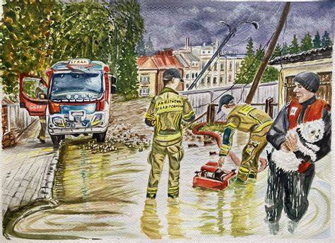 Ilustracja Strażaka Sama w akcji ratunkowej z różnymi pojazdami