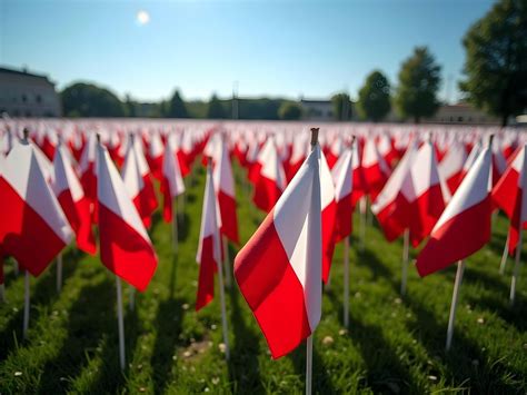 Tematyczne zdjęcie przedstawiające polskie flagi powiewające na tle obchodów Dnia Flagi w Lubinie, z widocznym tłumem ludzi i radosną atmosferą.