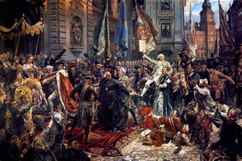 Rycina lub reprodukcja obrazu przedstawiającego podpisanie Konstytucji 3 Maja w 1791 roku.