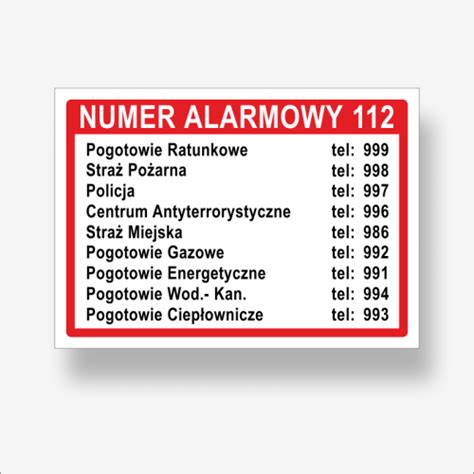 Zdjęcie tabliczki informacyjnej z numerami alarmowymi