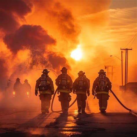 Thematic photo of a large fire on a cathedral tower at dusk, with firefighters in action
