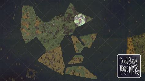 Mapa gry Don't Starve z zaznaczonymi różnymi biomami i ich charakterystycznymi elementami