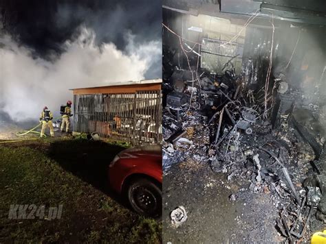 Strażacy gaszący pożar blaszanego budynku gospodarczego w Budach Grzybku
