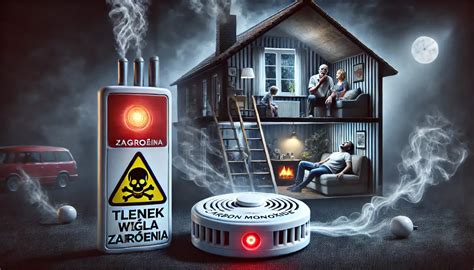 Infografika z zasadami bezpieczeństwa przeciwpożarowego i zagrożeniami związanymi z tlenkiem węgla