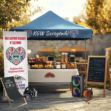 Ilustracja przedstawiająca imprezę wiejską lub stoisko KGW podczas zbiórki funduszy