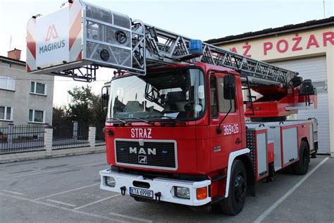 The new MAN M03 14.220 Magirus SD-30 ladder truck in OSP Tuchów colors, with firefighters