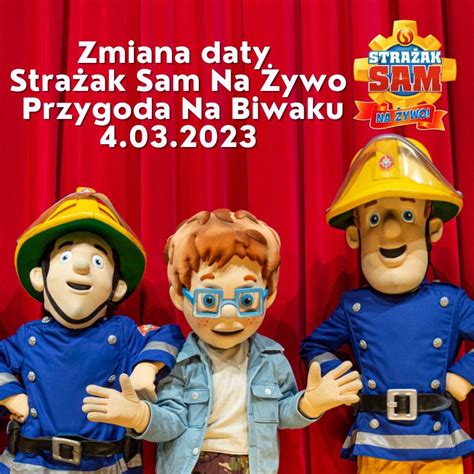 Scena ze spektaklu Strażak Sam na Żywo z bohaterami i ruchomymi pojazdami