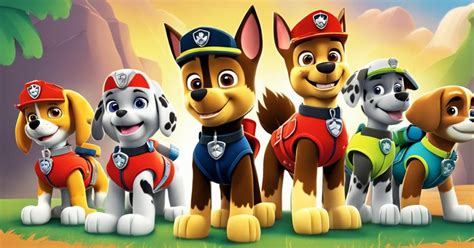 Zestawienie różnych kostiumów postaci z Psiego Patrolu (Marshall, Chase, Skye, Rubble, Rocky)