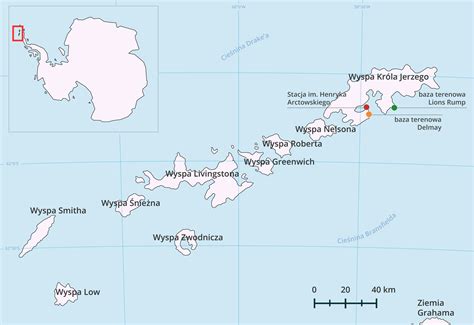 Mapa lokalizacji Wyspy Króla Jerzego i stacji antarktycznych w Zatoce Admiralicji
