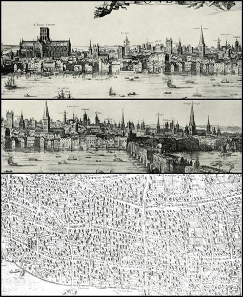 Historyczna rycina przedstawiająca panoramę płonącego Londynu w 1666 roku