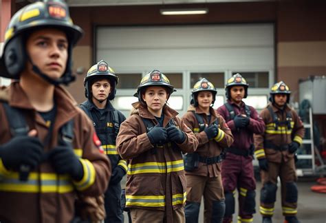 Thematic photo of young firefighters training or in uniform