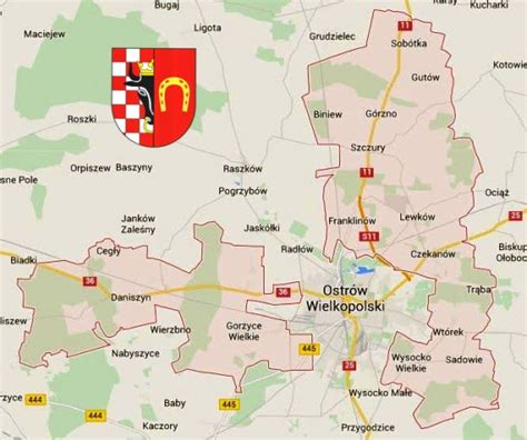 mapa gminy Ostrów Wielkopolski z zaznaczonymi jednostkami OSP