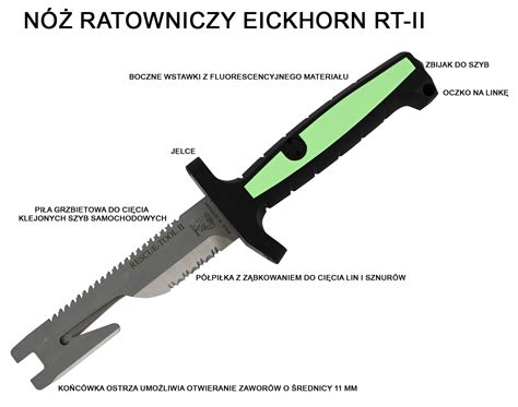 Nóż ratowniczy z grawerowaną rękojeścią, leżący obok pasów bezpieczeństwa