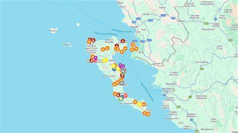 Mapa poglądowa wyspy Korfu z zaznaczonymi rejonami objętymi ewakuacją