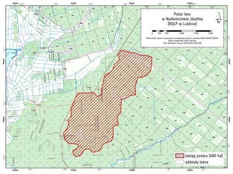 Mapa obszaru Puszczy Solskiej z zaznaczonymi miejscami pożarów
