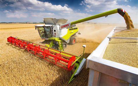 Płonący kombajn Claas Lexion na polu podczas żniw