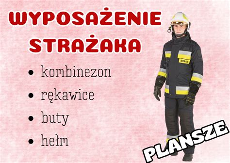 Infografika przedstawiająca pełne wyposażenie strażaka: od specjalistycznego ubrania po sprzęt pożarniczy i narzędzia do ratownictwa technicznego.