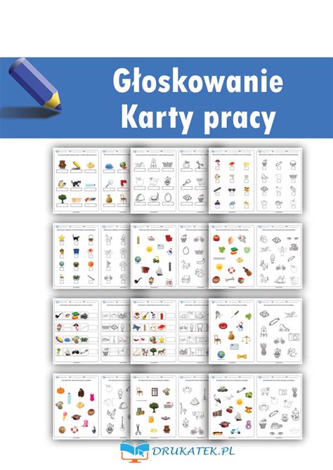 Ilustracja przedstawiająca zestaw kart pracy z obrazkami i słowami do ćwiczenia głosek.