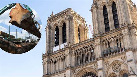 Wizualizacja lub zdjęcie z postępów odbudowy dachu i iglicy Notre-Dame